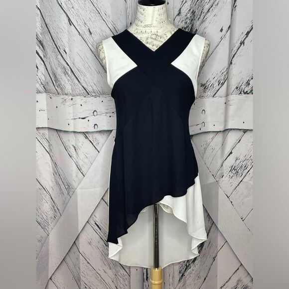 BCBGMaxazria Veronika High/Low Sleeveless Top Black White S - Picture 2 of 9